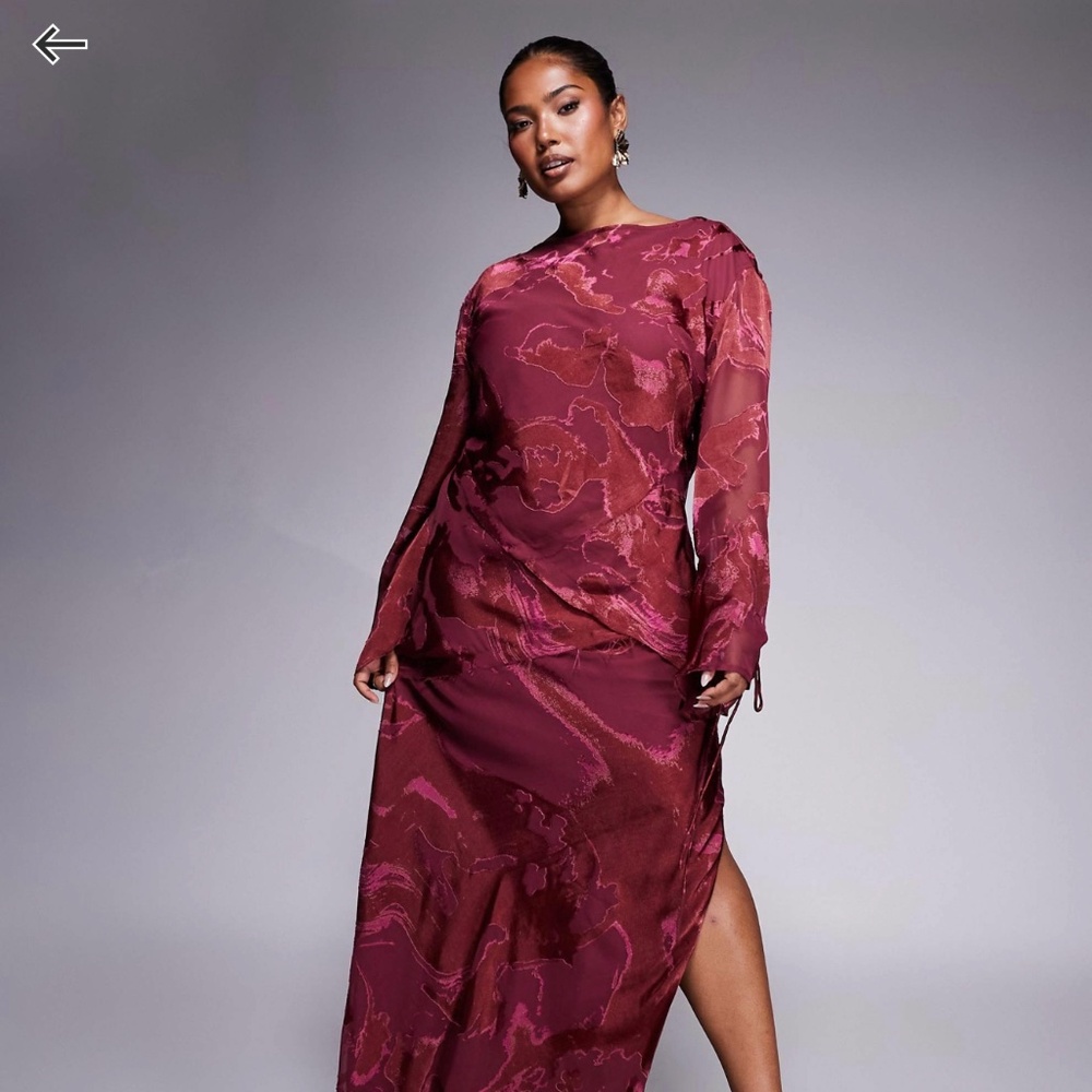 ASOS Design Curve Slash Neck Seam Detail Burnout Maxi Dress in Burgundy